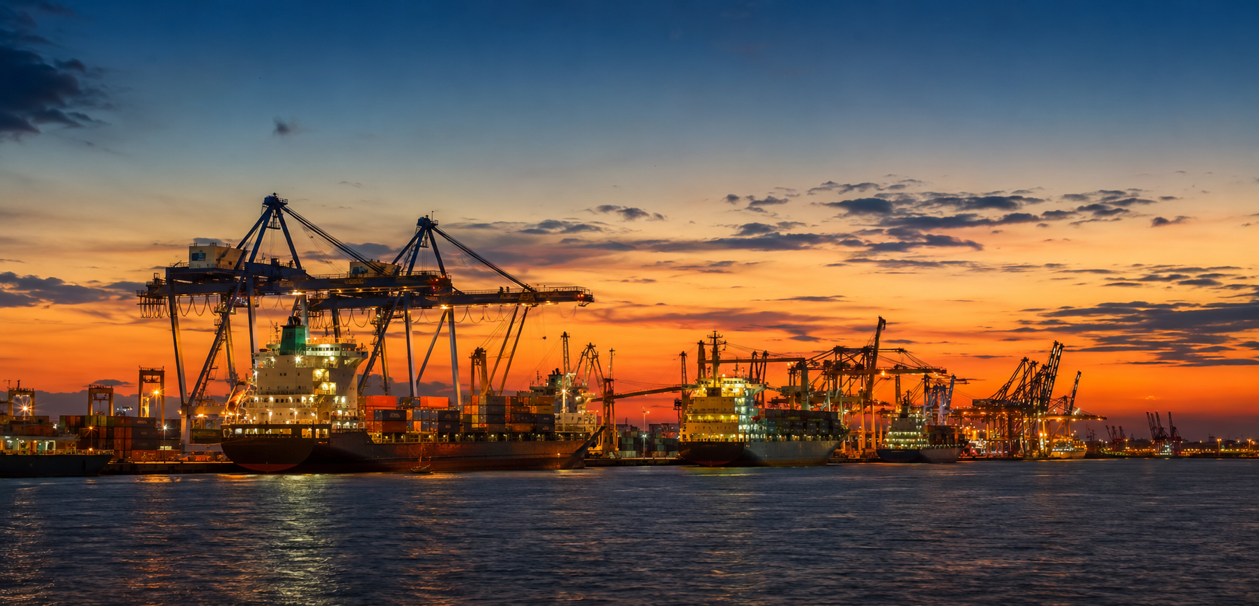 Cargo vessels at a port during sunset
